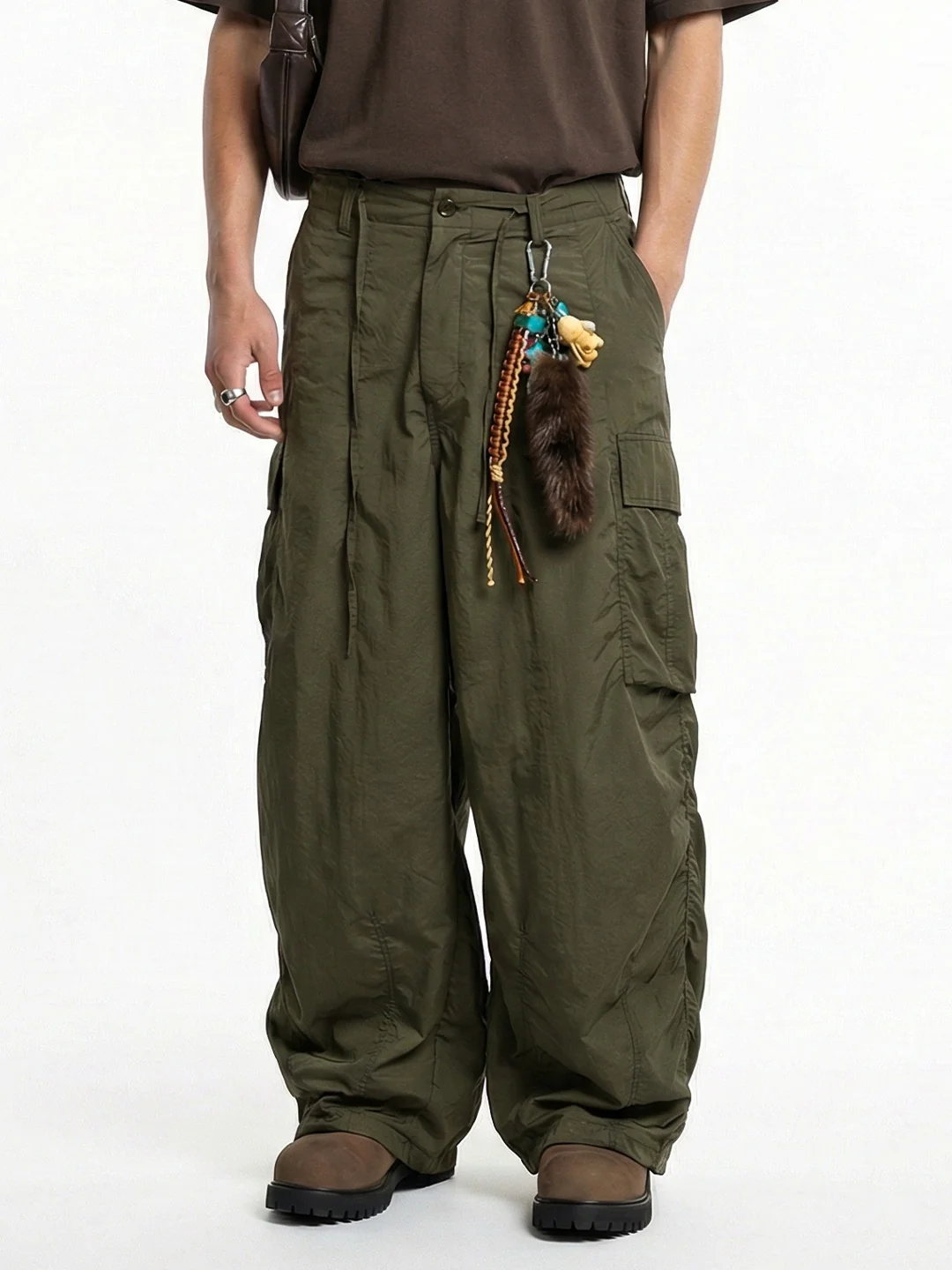 Fine Check Loose-fit Tooling Wide-leg Cargo Trousers - Image 4