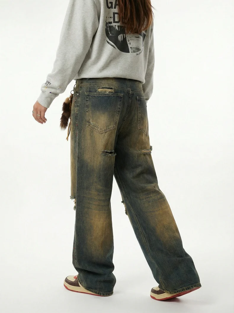Retro Dirty Hole Red Diamond Distressed Jeans - Image 5