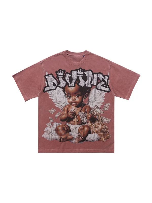 Washing Water Retro Angel Child Printed Loose-fit T-shirts - Image 2