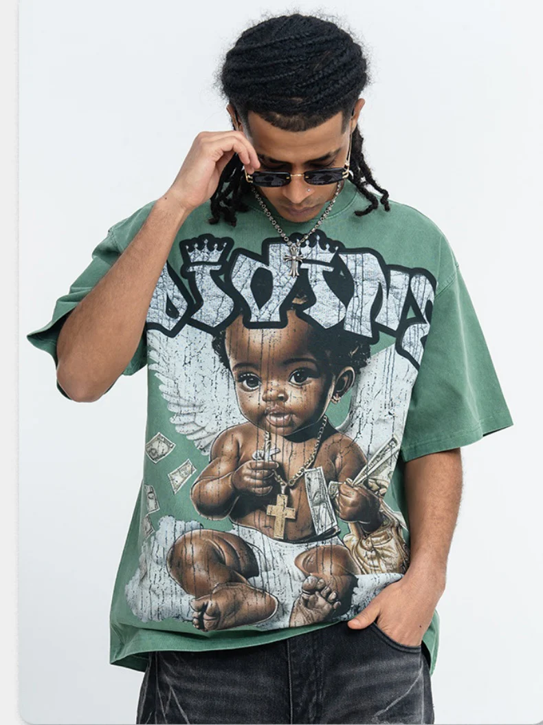 Washing Water Retro Angel Child Printed Loose-fit T-shirts - Image 3