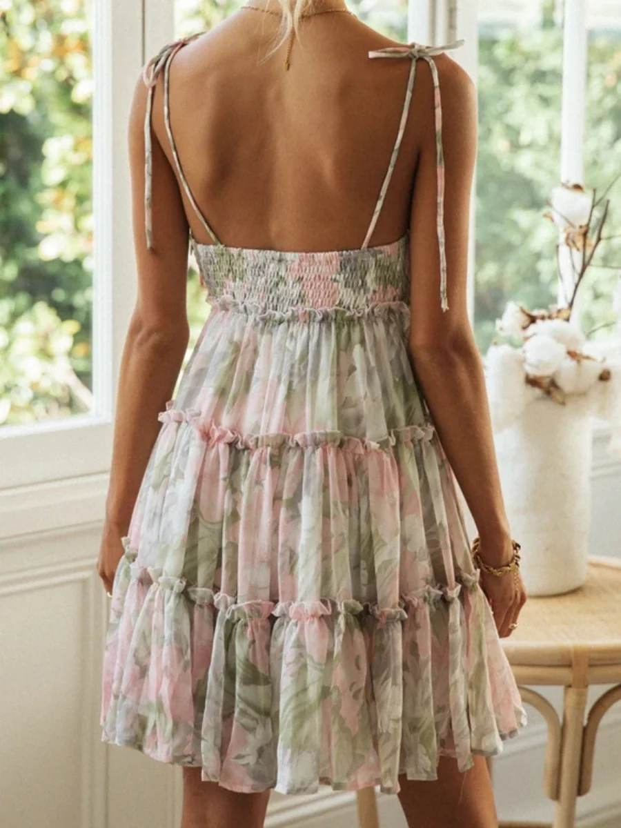 Resort-style Floral Print Multi-layered Ruffled Short Sundress - Image 13