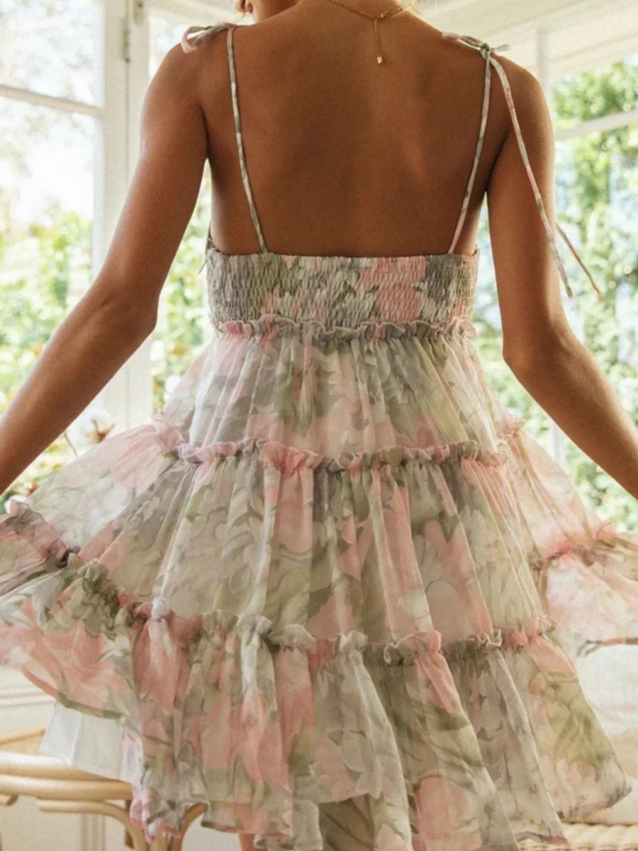 Resort-style Floral Print Multi-layered Ruffled Short Sundress - Image 18