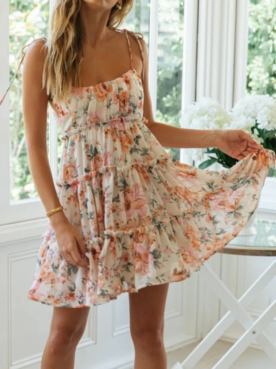 Resort-style Floral Print Multi-layered Ruffled Short Sundress - Image 8