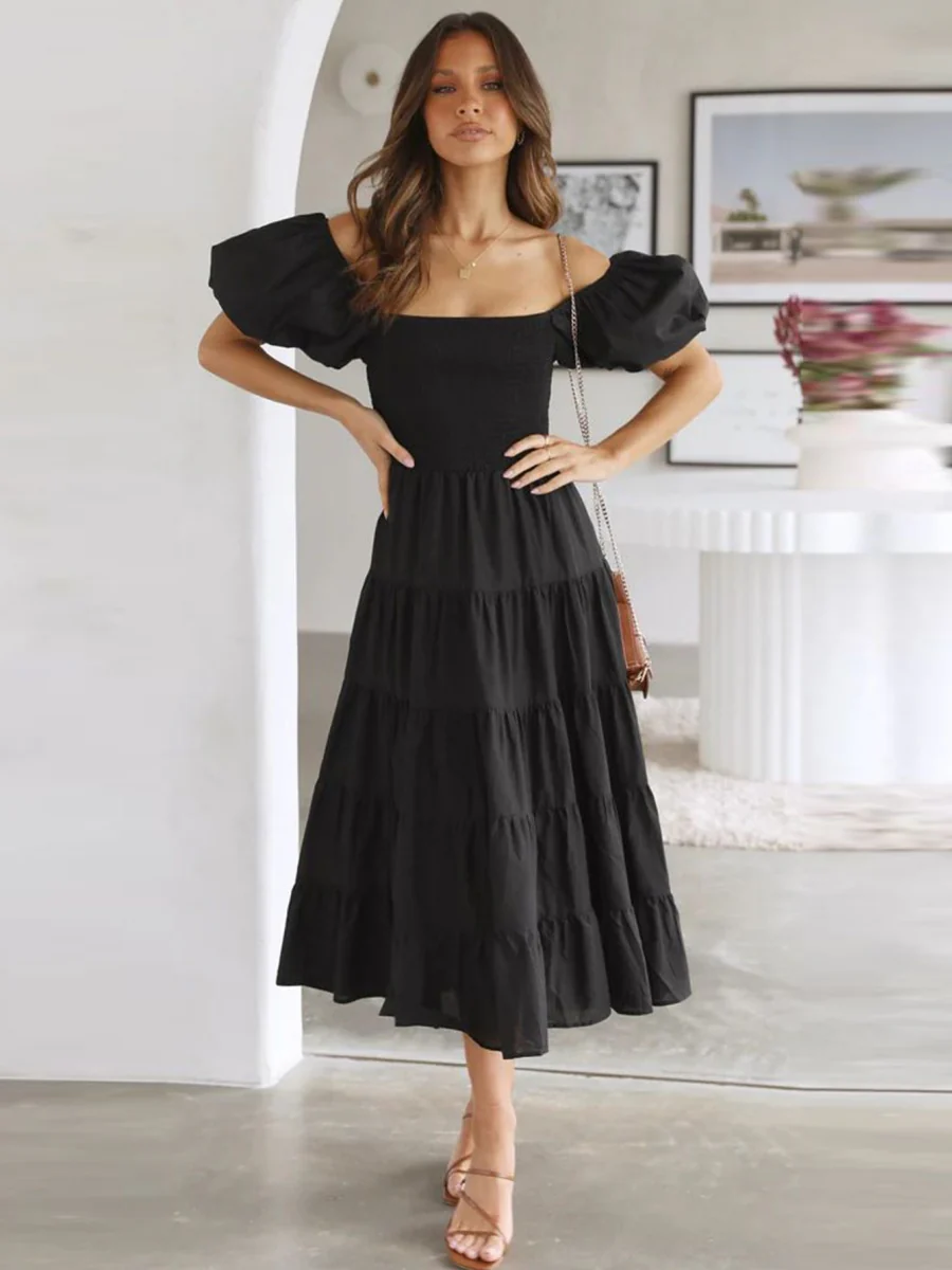 Off-the-shoulder Geometric Color-blocked Print Tulle Skirt With Puff Sleeves Long Dress - Image 10