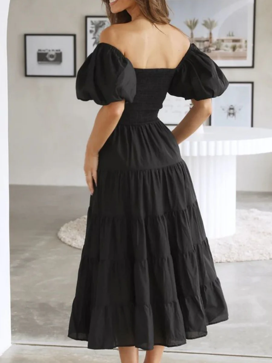 Off-the-shoulder Geometric Color-blocked Print Tulle Skirt With Puff Sleeves Long Dress - Image 11