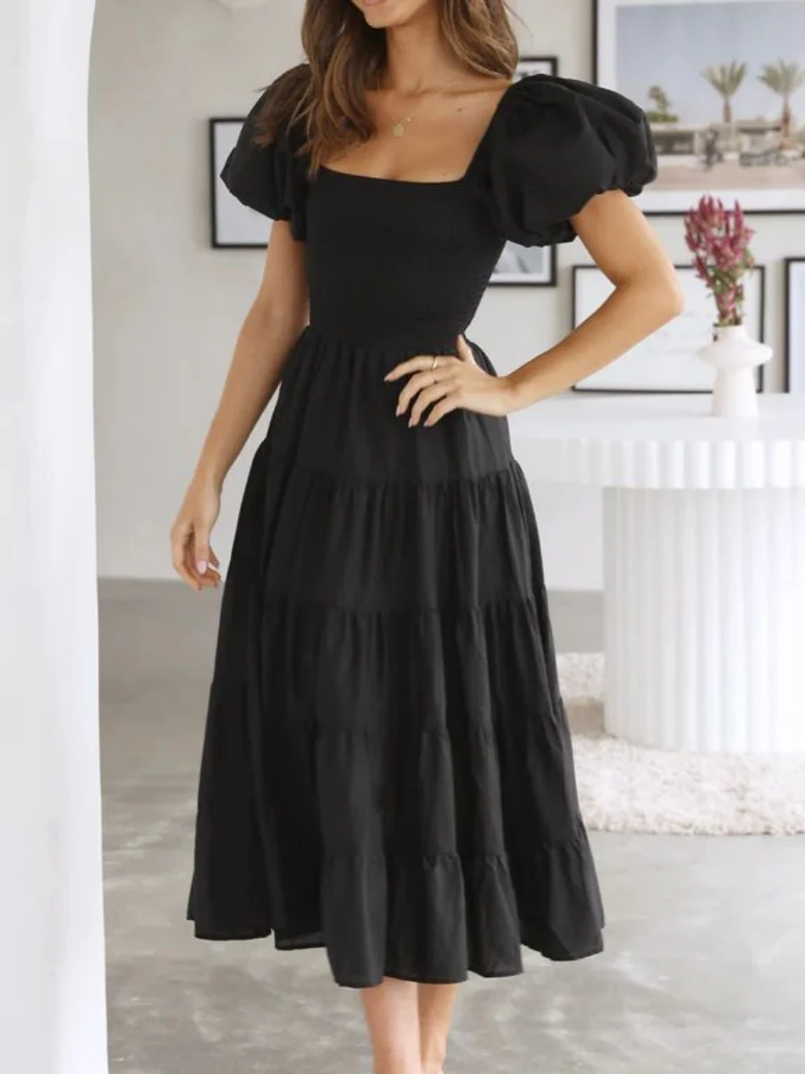 Off-the-shoulder Geometric Color-blocked Print Tulle Skirt With Puff Sleeves Long Dress - Image 12