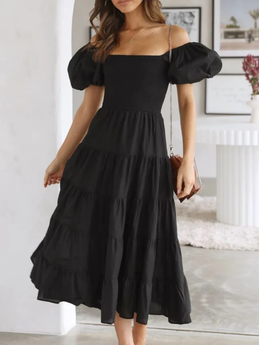 Off-the-shoulder Geometric Color-blocked Print Tulle Skirt With Puff Sleeves Long Dress - Image 13