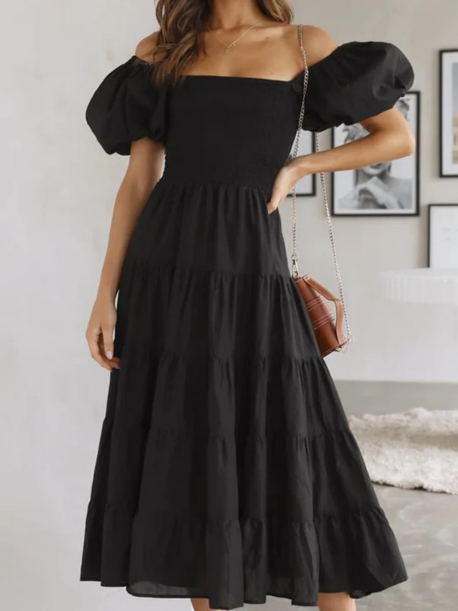 Off-the-shoulder Geometric Color-blocked Print Tulle Skirt With Puff Sleeves Long Dress - Image 14