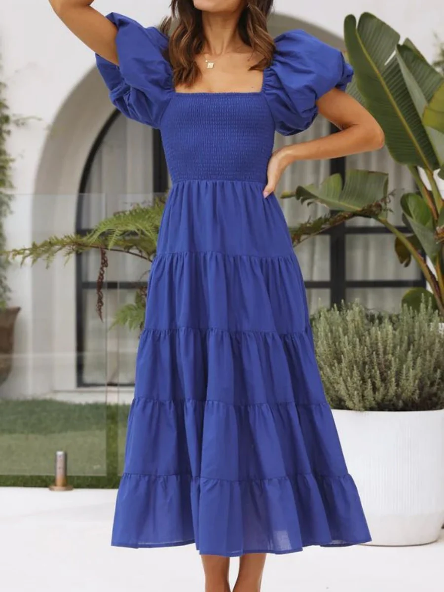 Off-the-shoulder Geometric Color-blocked Print Tulle Skirt With Puff Sleeves Long Dress - Image 15