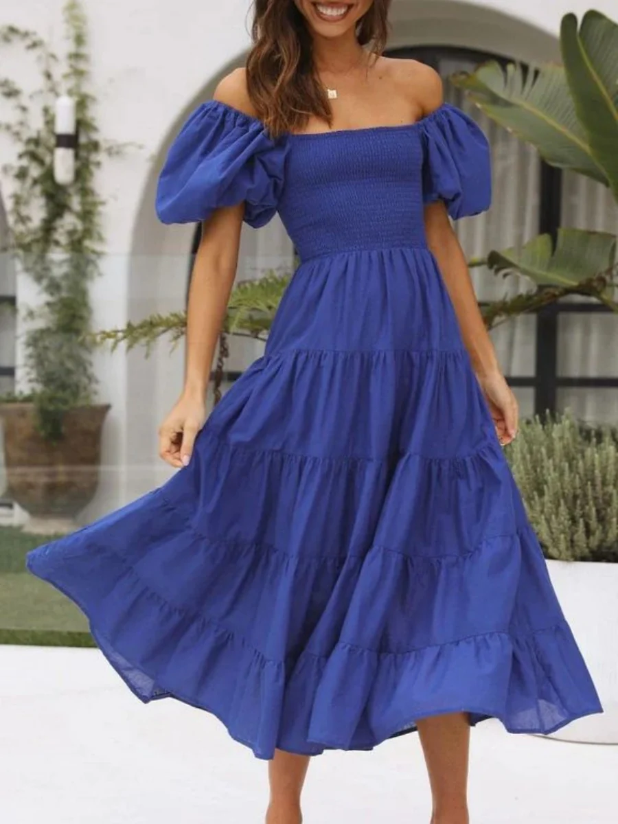 Off-the-shoulder Geometric Color-blocked Print Tulle Skirt With Puff Sleeves Long Dress - Image 16