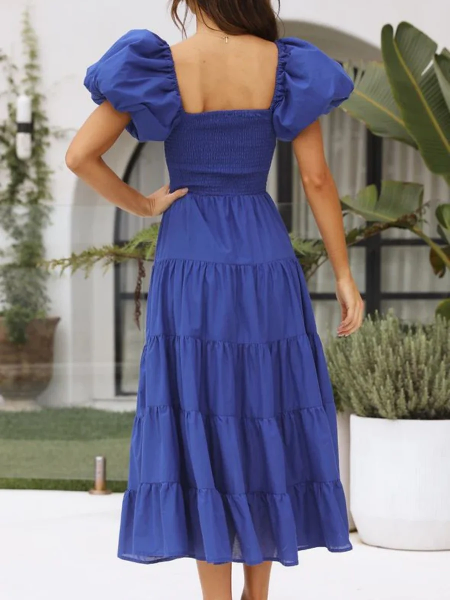 Off-the-shoulder Geometric Color-blocked Print Tulle Skirt With Puff Sleeves Long Dress - Image 17
