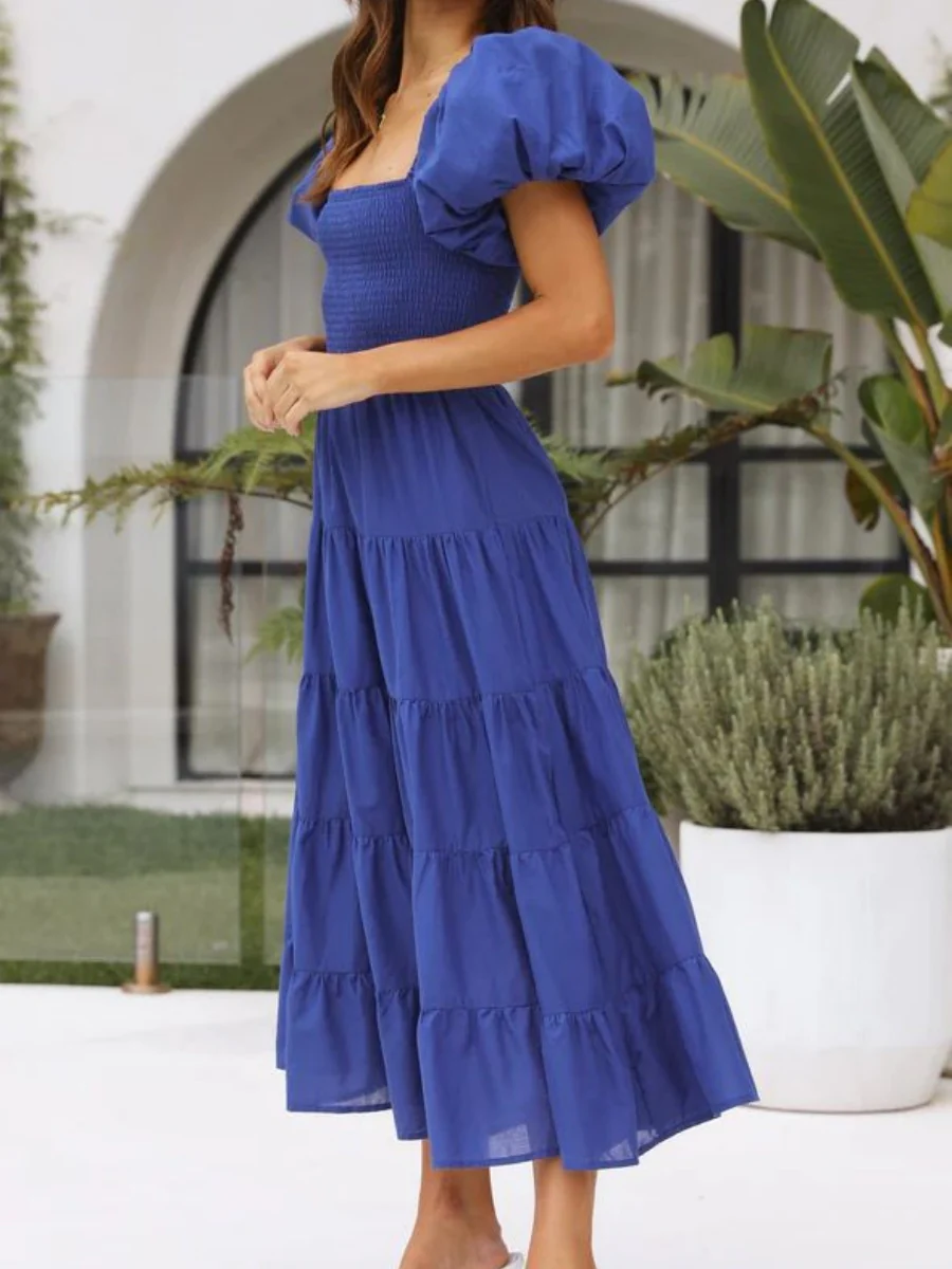 Off-the-shoulder Geometric Color-blocked Print Tulle Skirt With Puff Sleeves Long Dress - Image 18