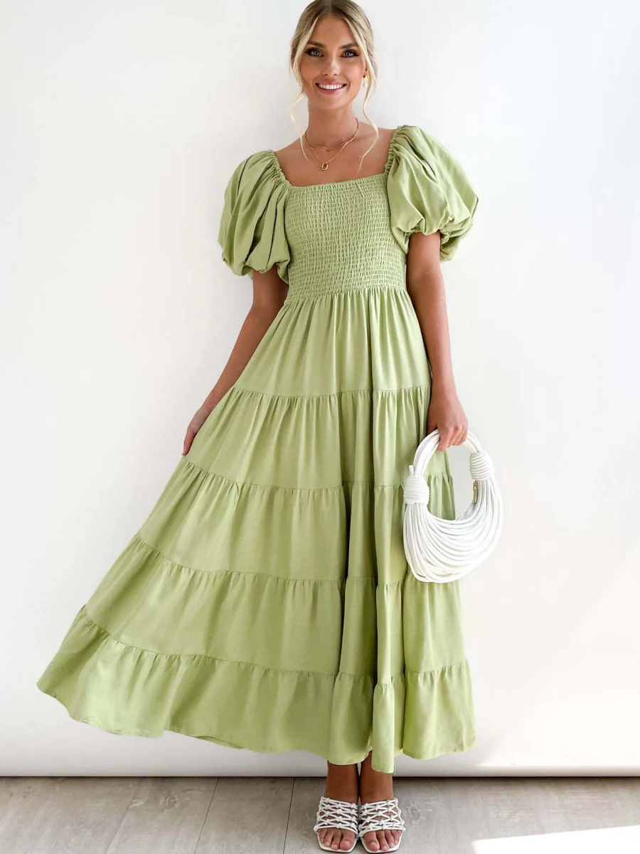 Off-the-shoulder Geometric Color-blocked Print Tulle Skirt With Puff Sleeves Long Dress - Image 19