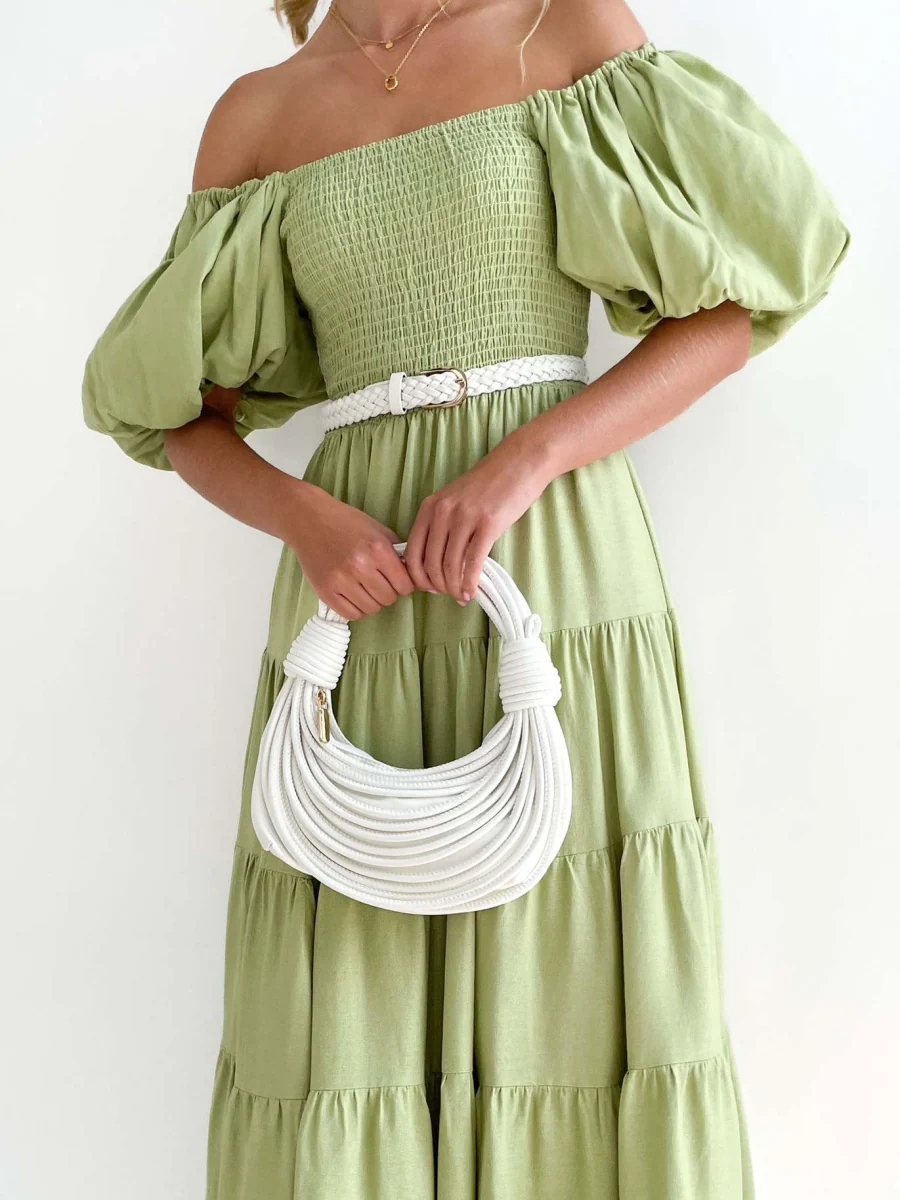 Off-the-shoulder Geometric Color-blocked Print Tulle Skirt With Puff Sleeves Long Dress - Image 22