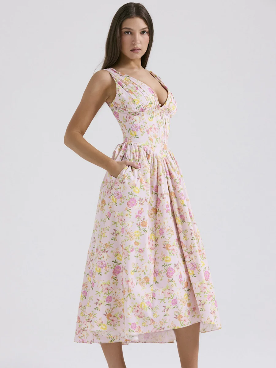 Resort-style Floral Print V-neck Spaghetti Strap Maxi Dress - Image 6