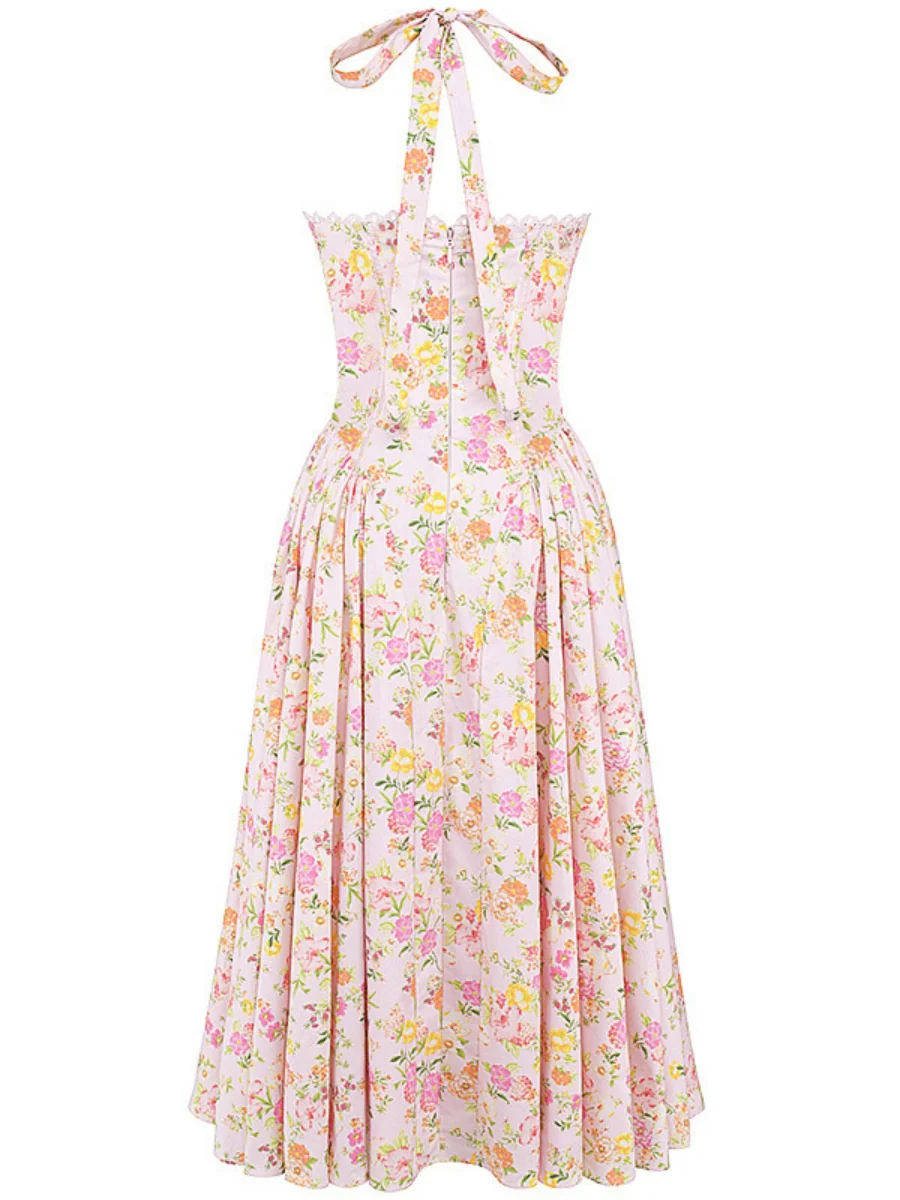 Lace Trim Floral Print Vacation Style Long Dress - Image 12