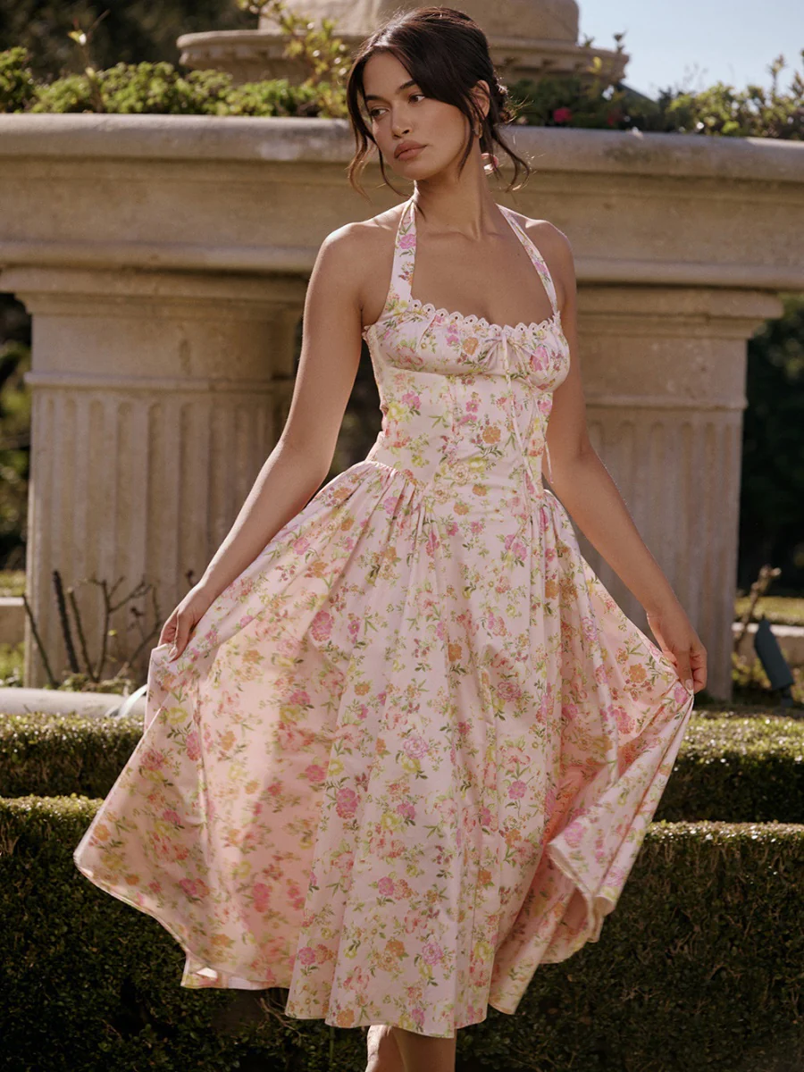 Lace Trim Floral Print Vacation Style Long Dress - Image 3