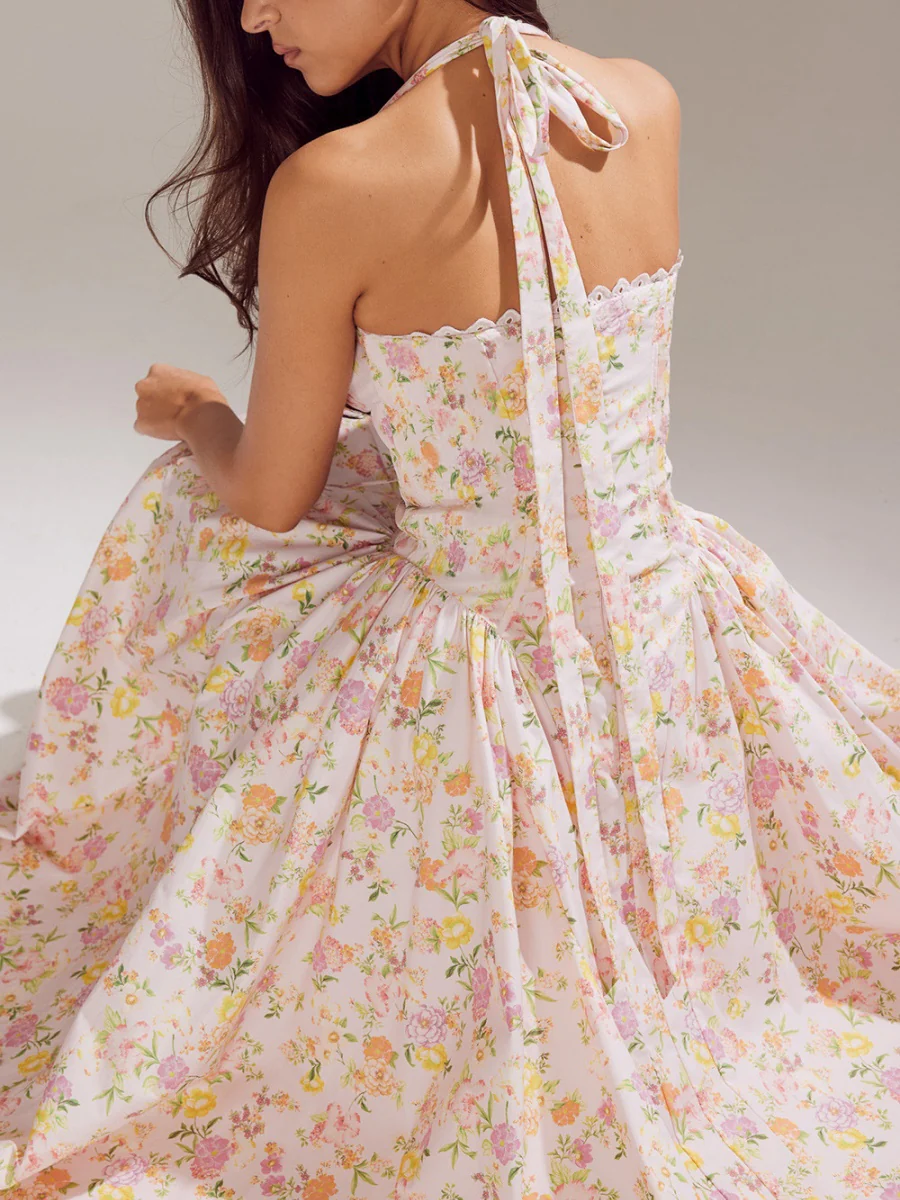 Lace Trim Floral Print Vacation Style Long Dress - Image 4