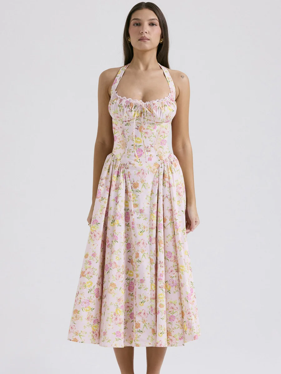Lace Trim Floral Print Vacation Style Long Dress - Image 6