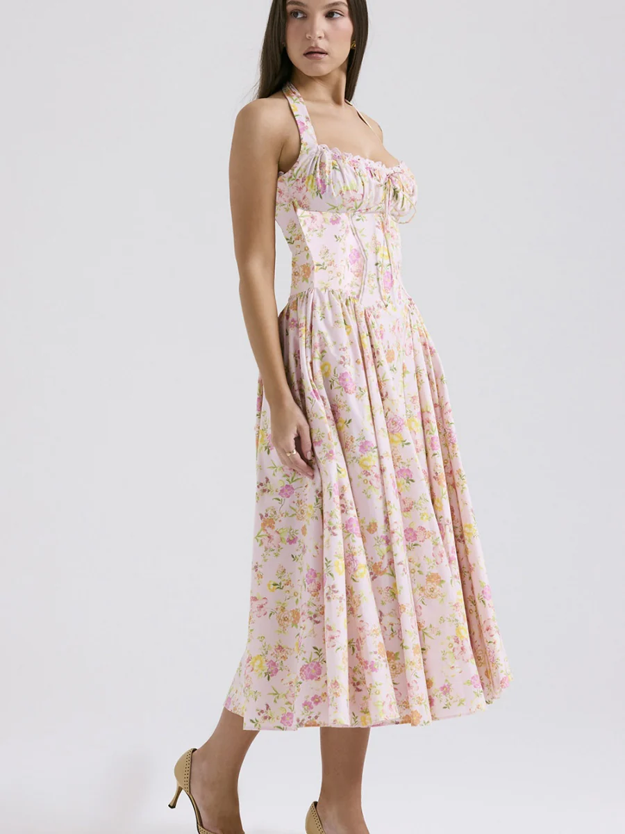 Lace Trim Floral Print Vacation Style Long Dress - Image 9