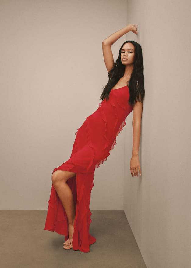 V-neck Ruffle Slit Maxi Dresses - Image 3