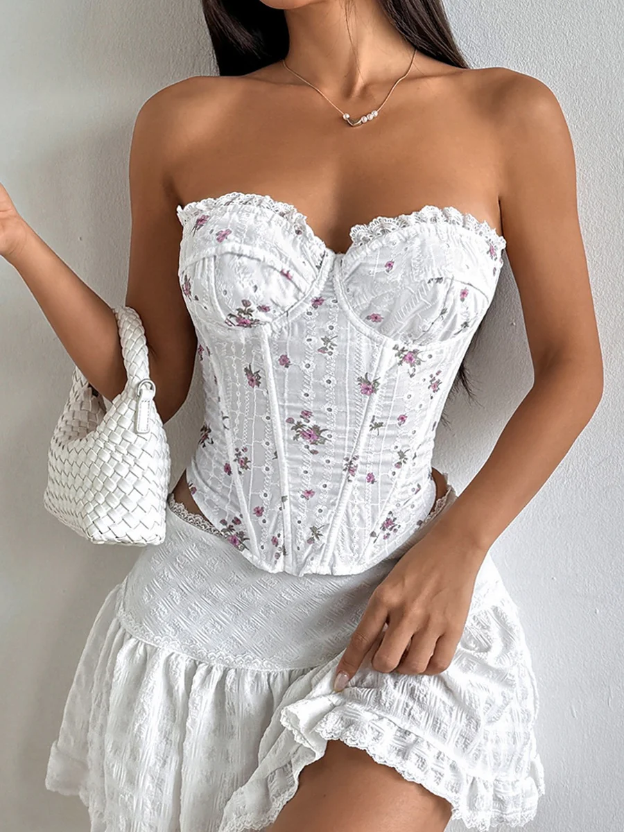 Sweet Floral Lace Trim Fish Bones Tube Top Camisoles - Image 4