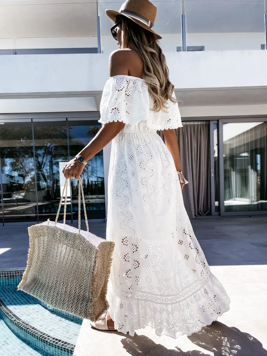 Bohemian Lace Trim White Strapless Off-the-shoulder Sexy Long Dress - Image 5