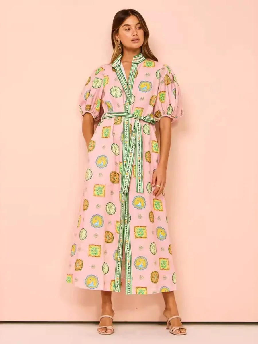 Personalized Graffiti Lantern Sleeve Cardigan, Casual And Stylish Linen Long Dress - Image 2