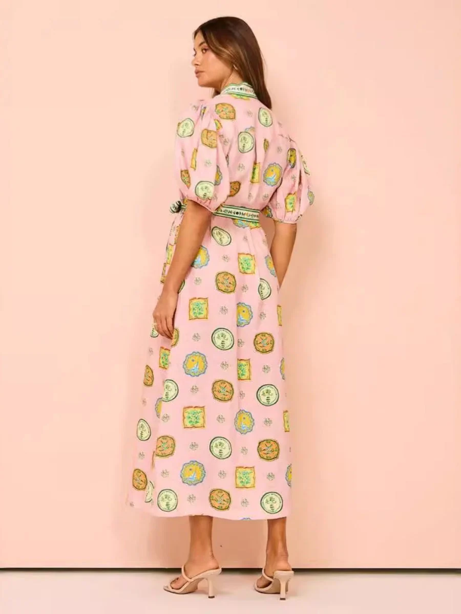 Personalized Graffiti Lantern Sleeve Cardigan, Casual And Stylish Linen Long Dress - Image 3