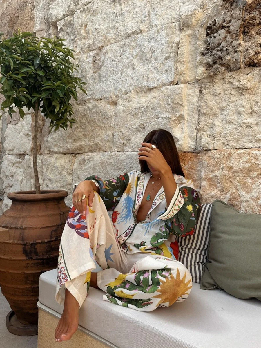 Two-piece Set Of Macaron-print Linen Long-sleeved Shirts