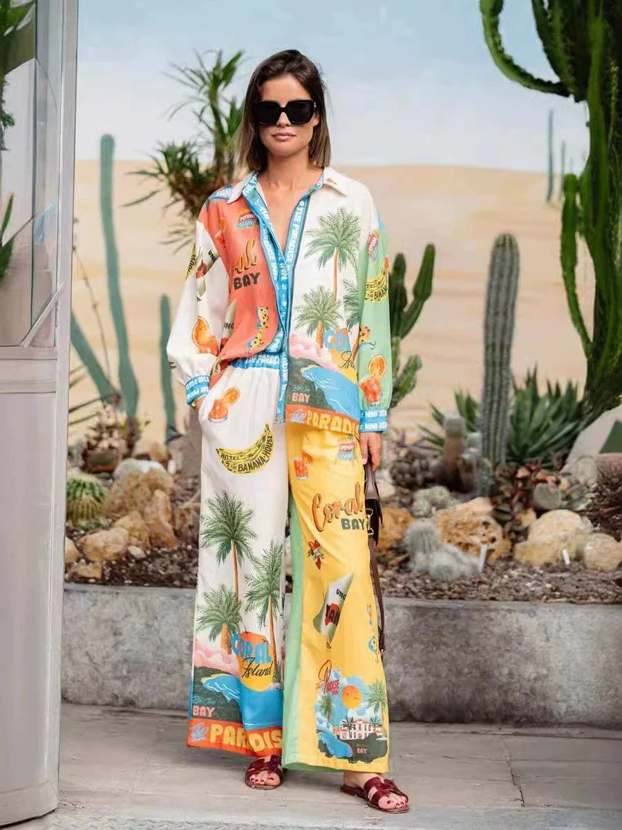 Two-piece Set Of Macaron-print Linen Long-sleeved Shirts - Image 5