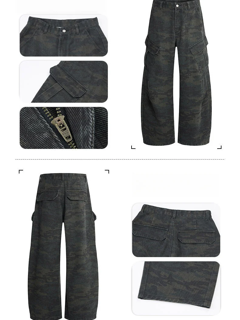 Retro Worn Out Machete Camouflage Multiple Pockets Pleated Cargo Trousers - Image 5