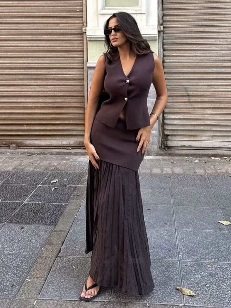V-neck With Gold Buttons Vest Pleated Skirt 2-piece Sets - Image 11