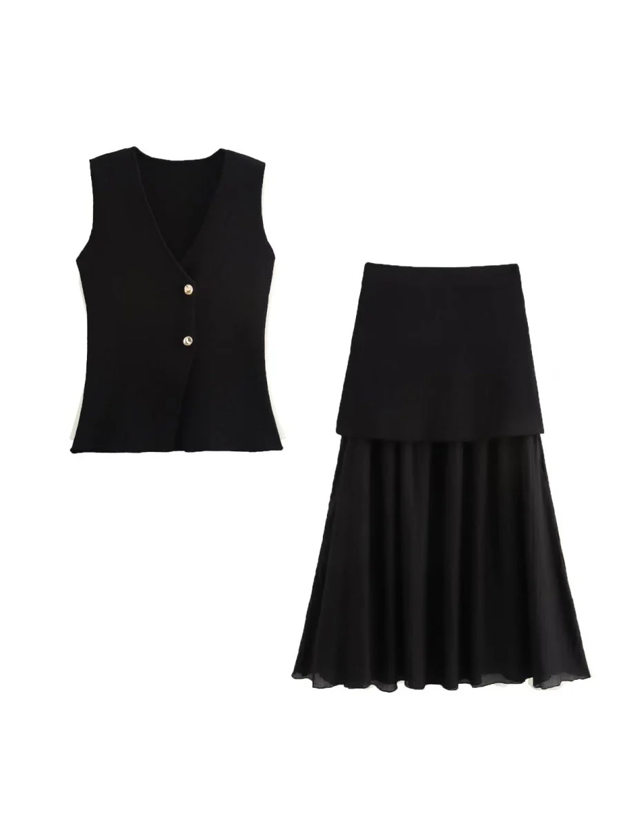 V-neck With Gold Buttons Vest Pleated Skirt 2-piece Sets - Image 12