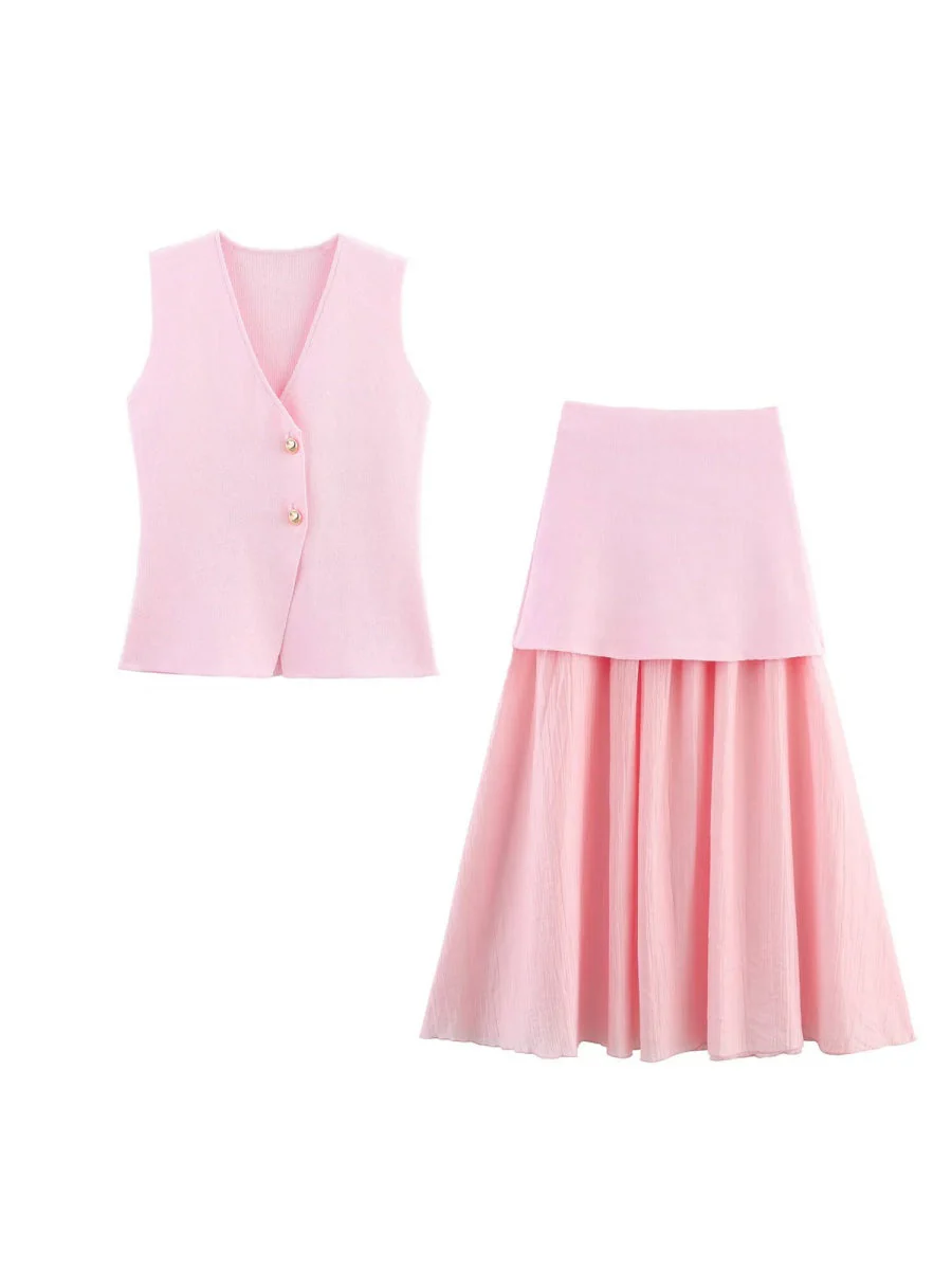 V-neck With Gold Buttons Vest Pleated Skirt 2-piece Sets - Image 13