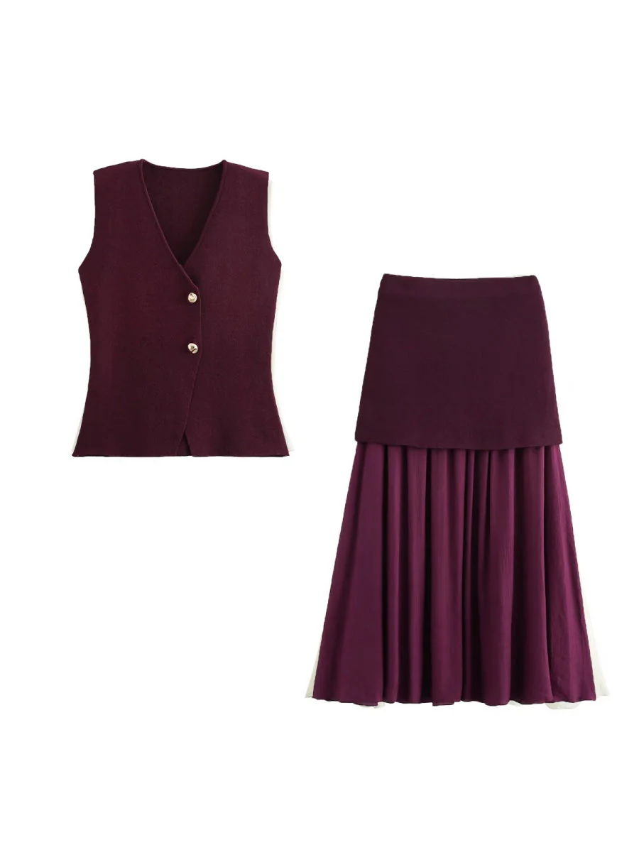 V-neck With Gold Buttons Vest Pleated Skirt 2-piece Sets - Image 15