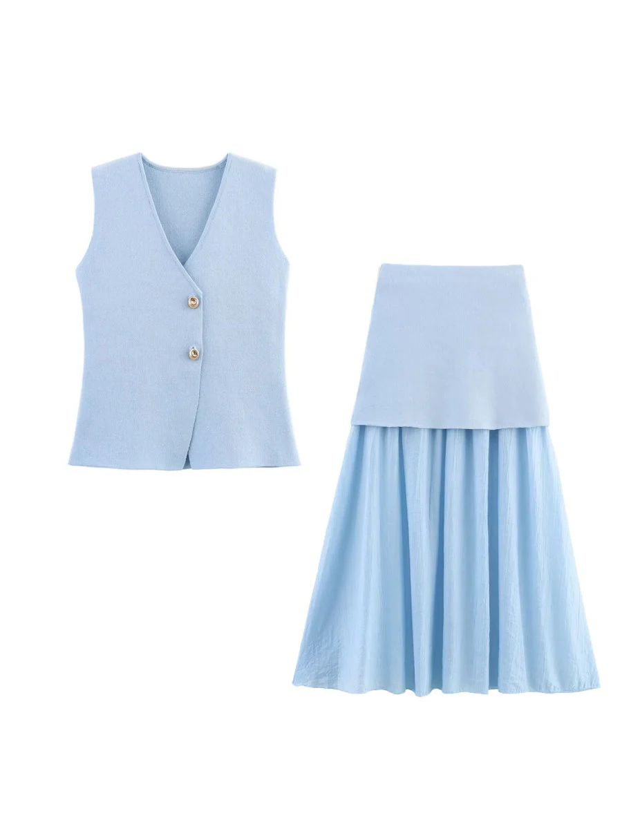 V-neck With Gold Buttons Vest Pleated Skirt 2-piece Sets - Image 16