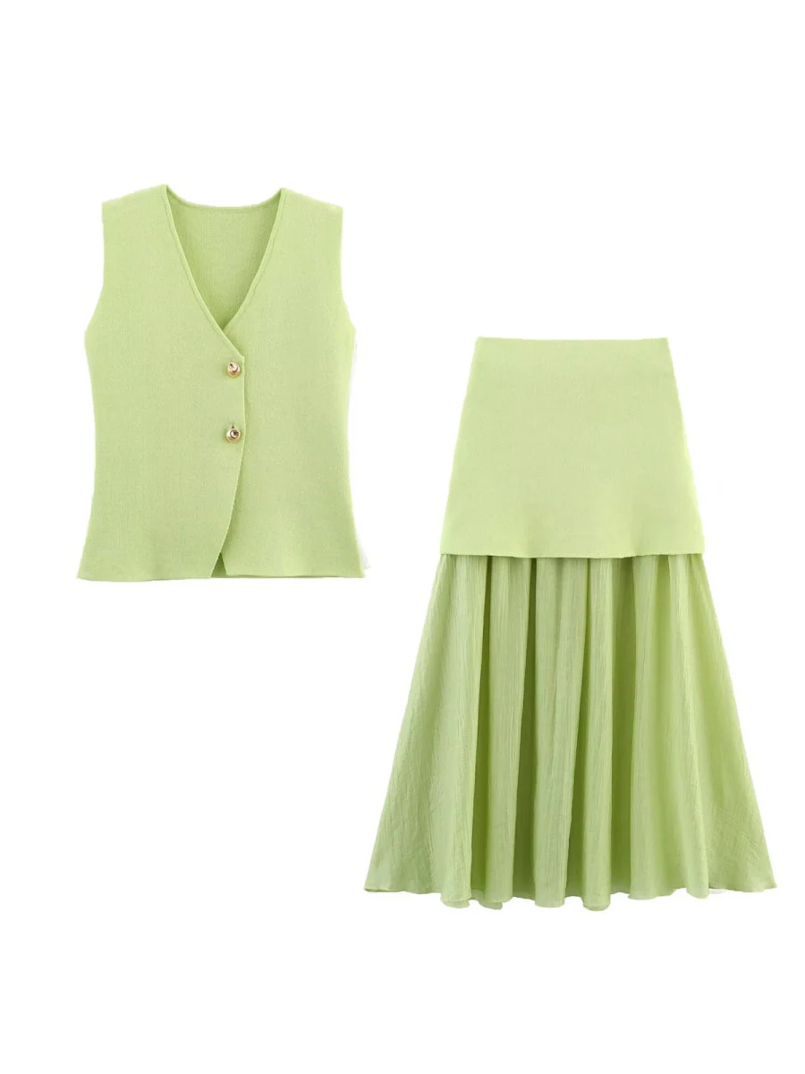 V-neck With Gold Buttons Vest Pleated Skirt 2-piece Sets - Image 17
