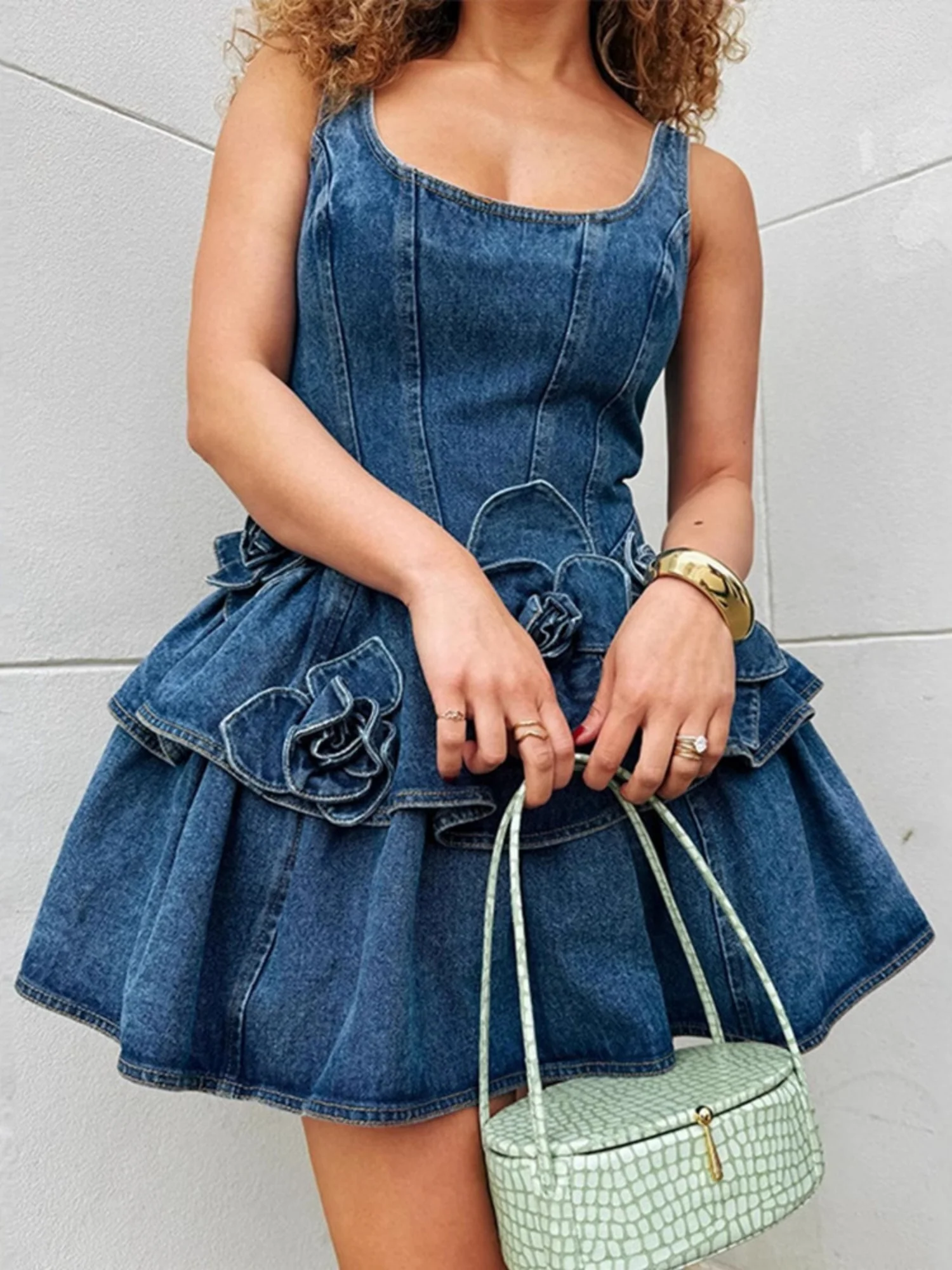 Denim 3D Flowers Tutu Spaghetti Strap Waist Mini&Short Dresses - Image 2