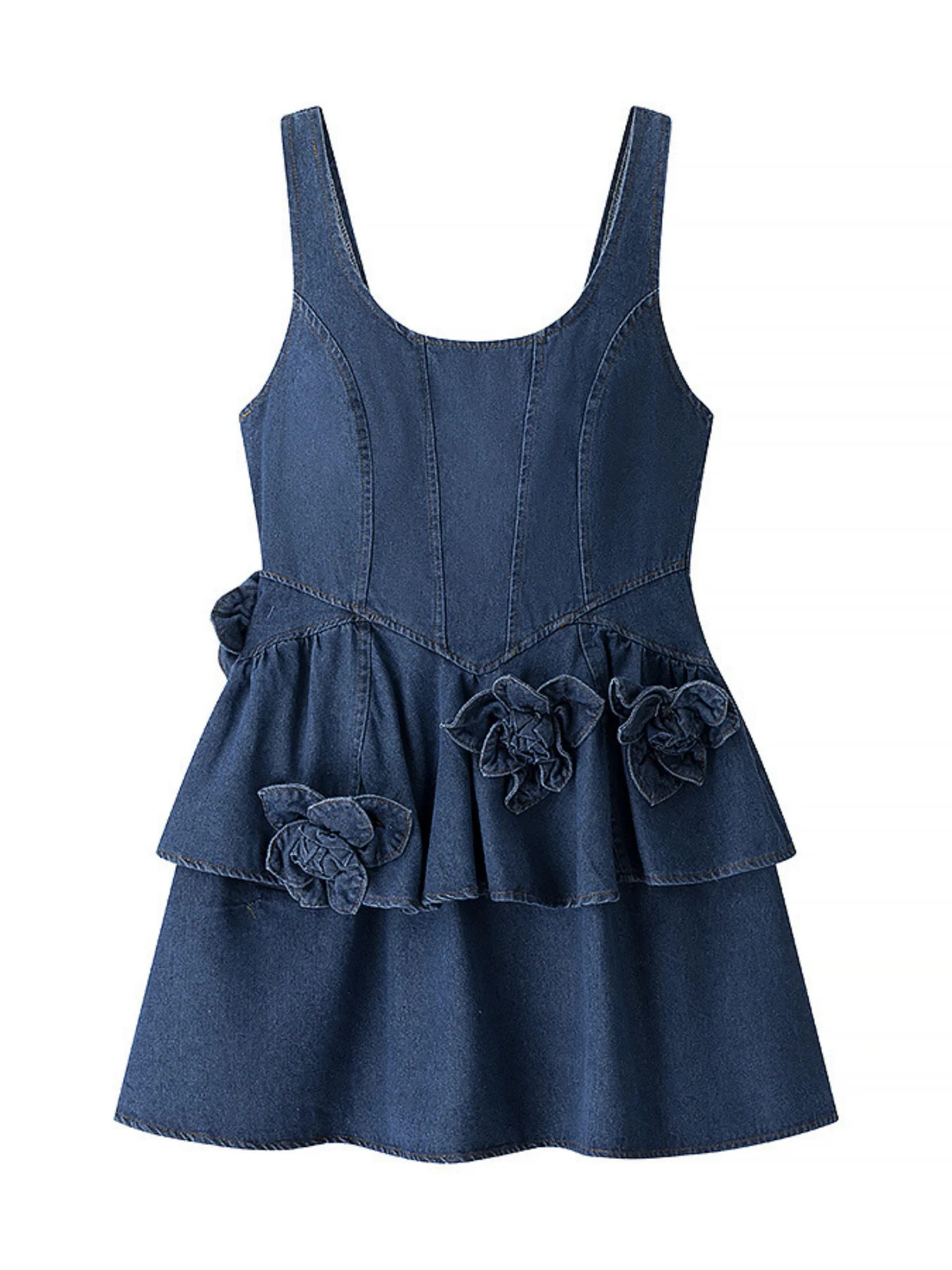 Denim 3D Flowers Tutu Spaghetti Strap Waist Mini&Short Dresses - Image 4