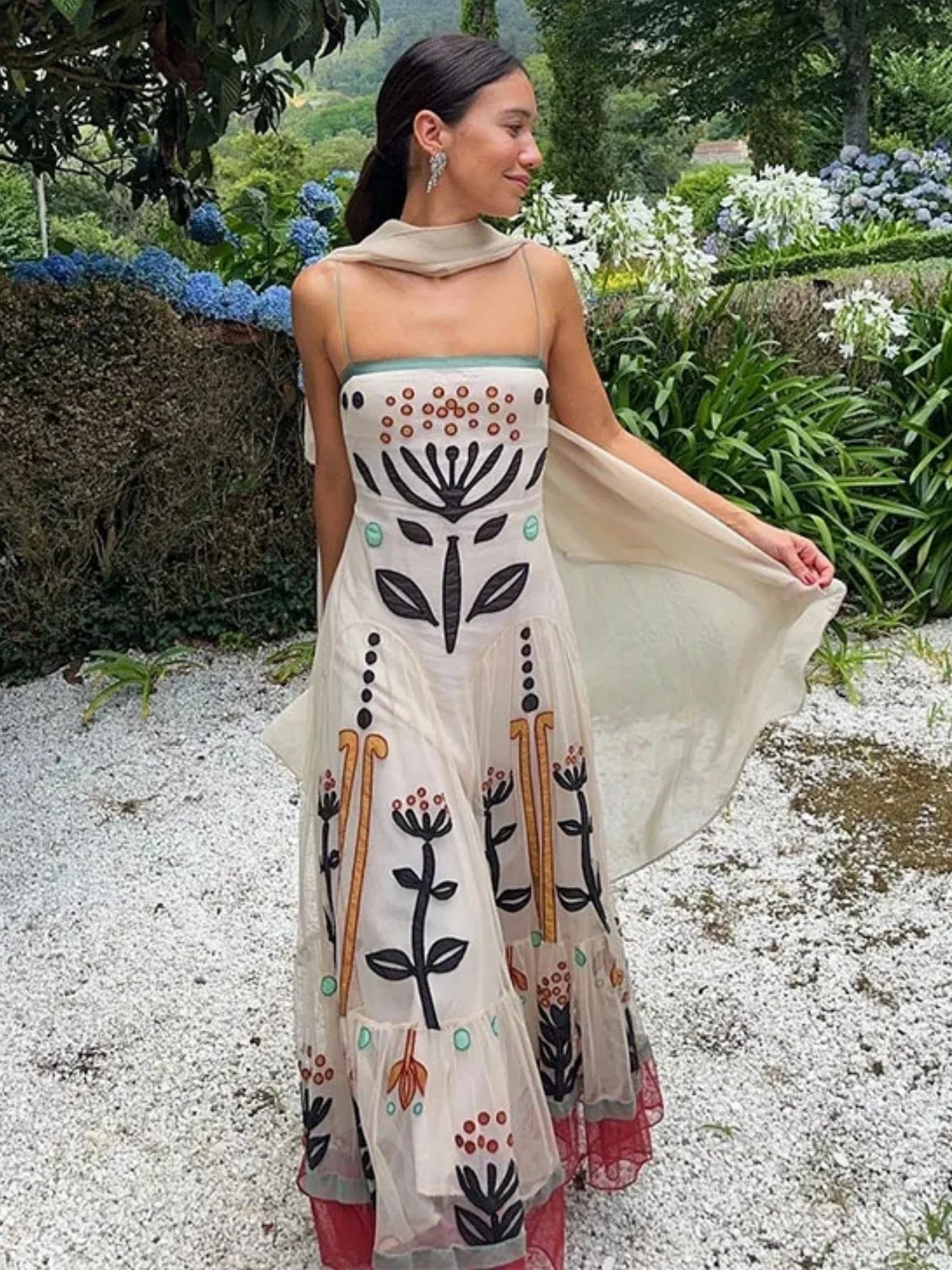 Flower Embroidery Tulle Pleats Camisoles Maxi Dresses - Image 2