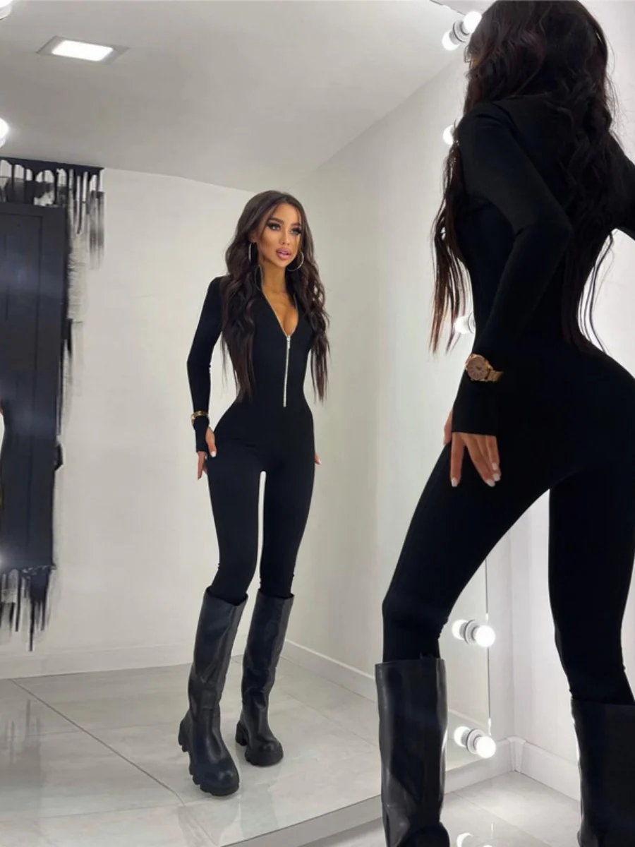 Liber Autumn Women's Zipper Solid Color Bodysuit - Image 4