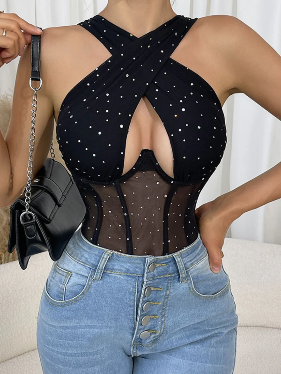 Fine Flash Trim Cross Mesh Perspective Bodysuits - Image 5