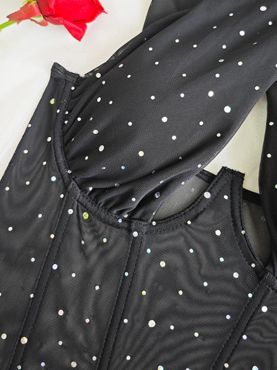 Fine Flash Trim Cross Mesh Perspective Bodysuits - Image 9