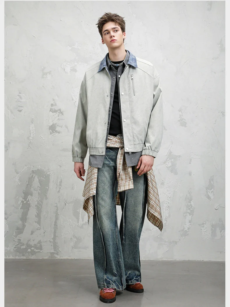 High Street Lapel All-match Loose Fake Two Pieces Flight Jacket - Image 5