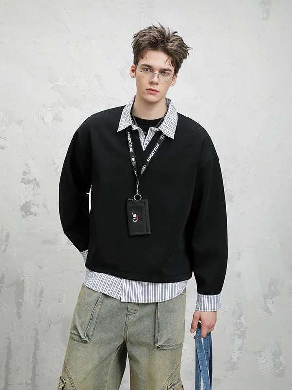 Design Fake Two Pieces Stripes Sports Casual Sweatshirts - Image 3