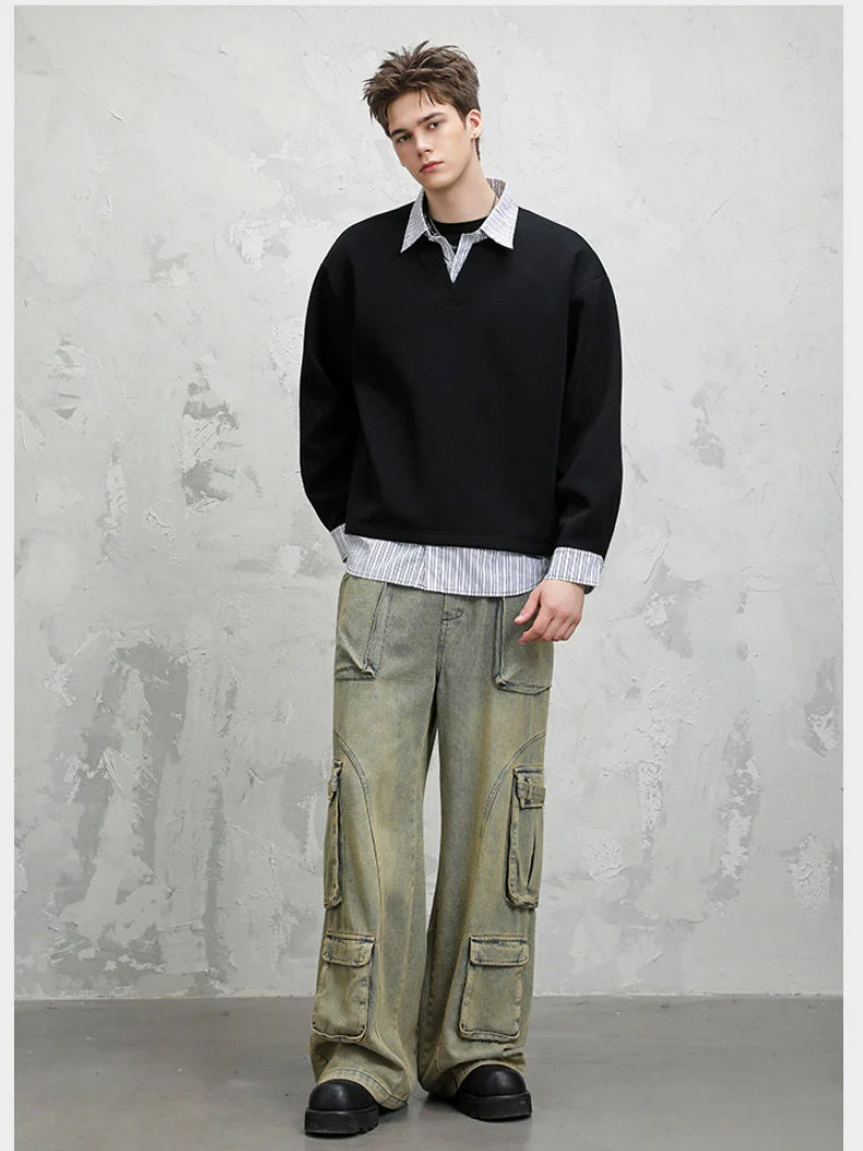Design Fake Two Pieces Stripes Sports Casual Sweatshirts - Image 4