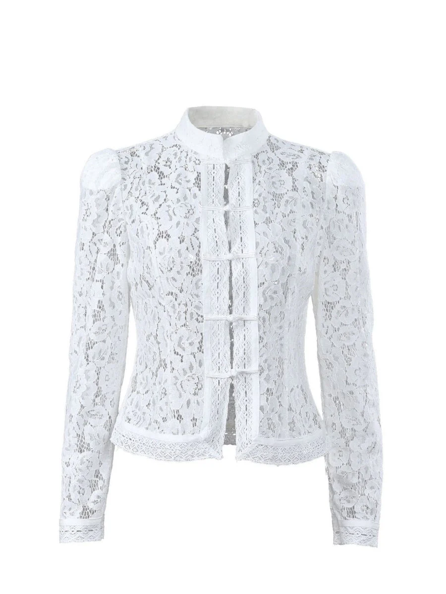 Lace Crochet Stand Collar Slim-fit Long Sleeve Sheer Top - Image 12