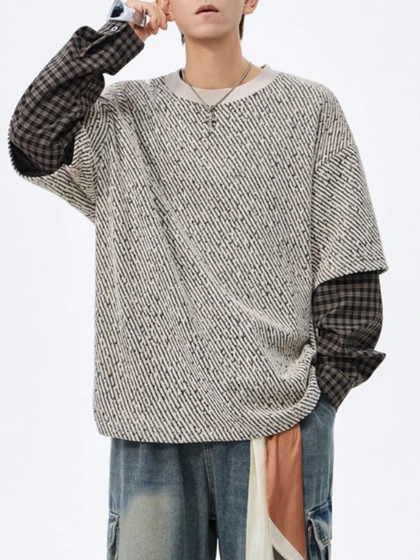 Gold Thread Weaving Fake Two Pieces Contrasting Colors Fleece Sweatshirt - Image 3