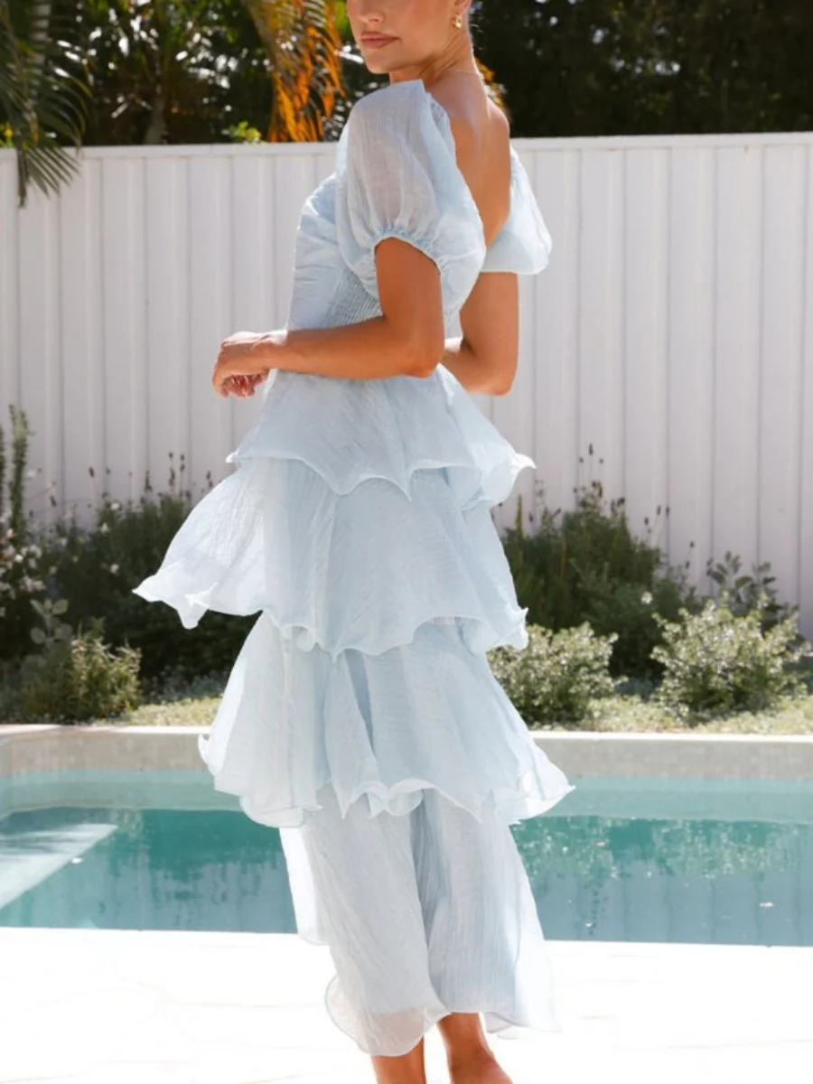 Square Collar Puff Sleeve Cake Skirt Vacation Parties Maxi Dresses - Image 15